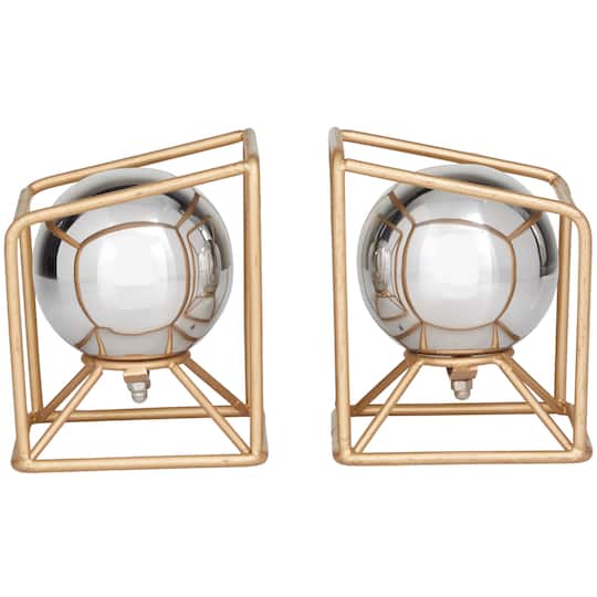 6" Silver Stainless Steel Orb Geometric Bookends with Gold Base Set